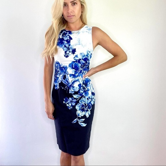 Anthropologie Maeve Blue & White Cut Out Back Sheath Dress - Picture 1 of 12